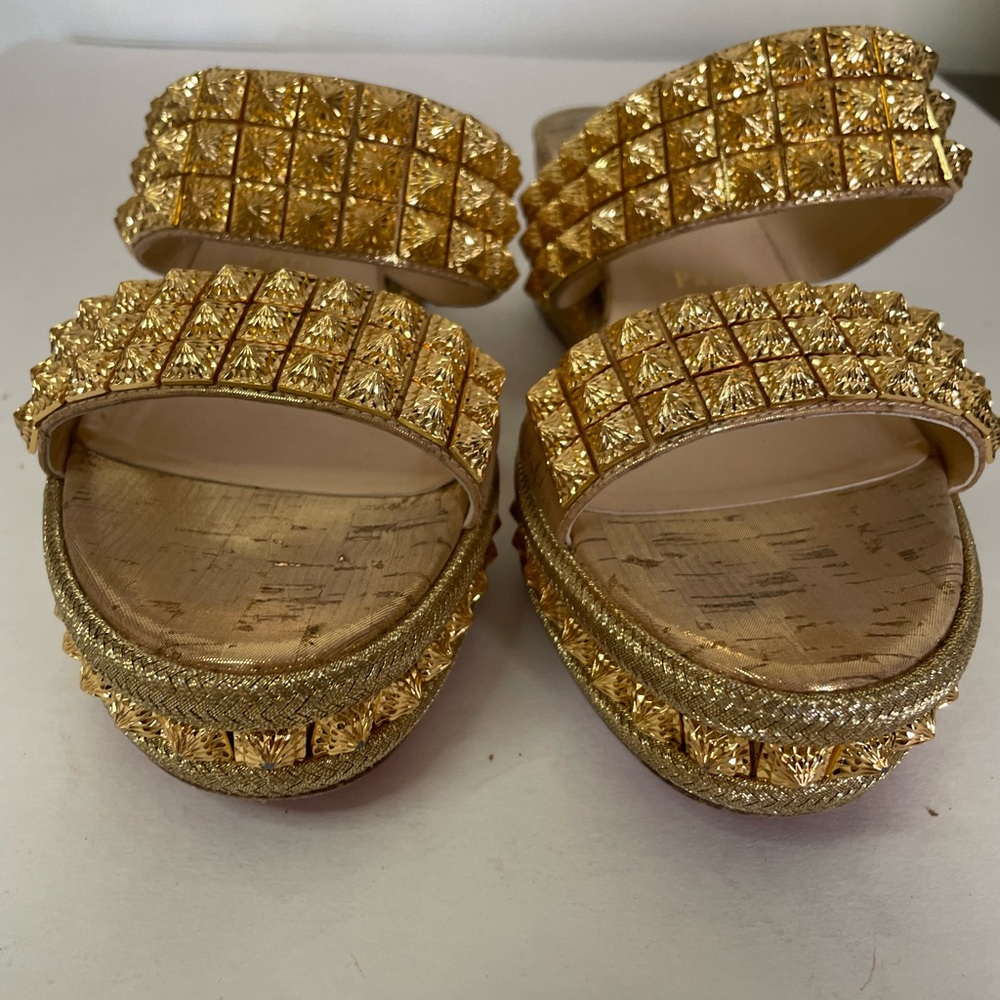 RARE Christian Louboutin Gold Spike Red Sole Platform Sandal Espadrille - Picture 4 of 16